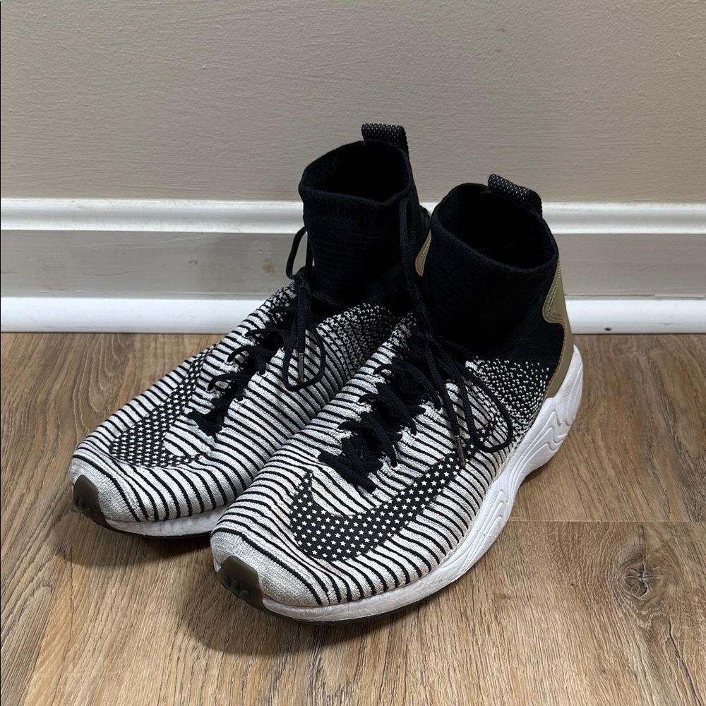 Nike Black & White Flyknit Mid-Top Sneakers with Gold Heel